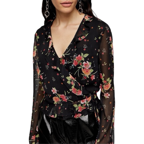 🆕 NWT Topshop Floral Print Sheer Wrap Blouse - Picture 1 of 4